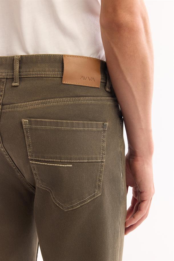 Haki Klasik Bel Pamuklu Eskitme Yıkmalı Jean Pantolon