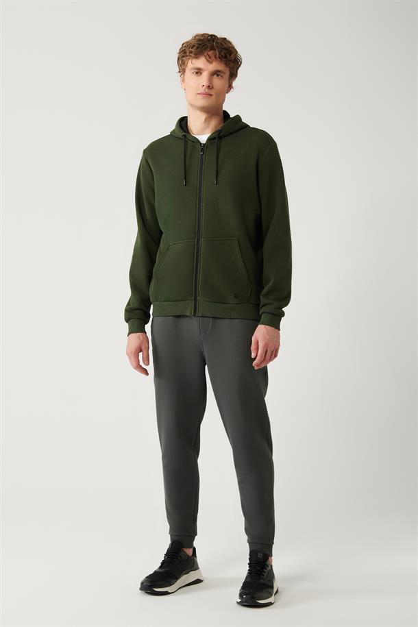 Haki Kapüşonlu 3 İplik Şardonlu Fermuarlı Sweatshirt