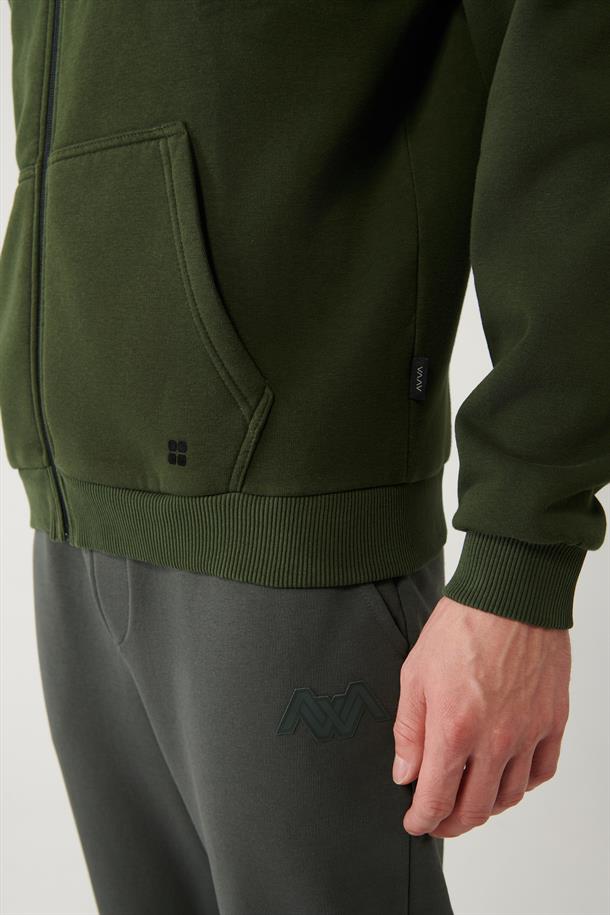 Haki Kapüşonlu 3 İplik Şardonlu Fermuarlı Sweatshirt