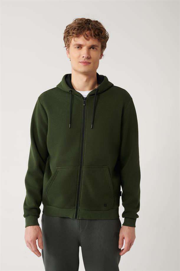 Haki Kapüşonlu 3 İplik Şardonlu Fermuarlı Sweatshirt