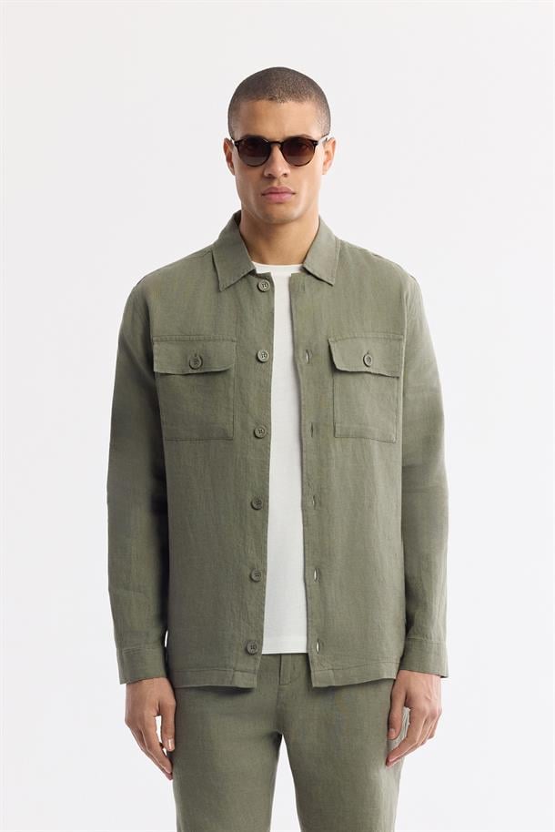 Haki Klasik Yaka %100 Keten Gömlek Ceket
