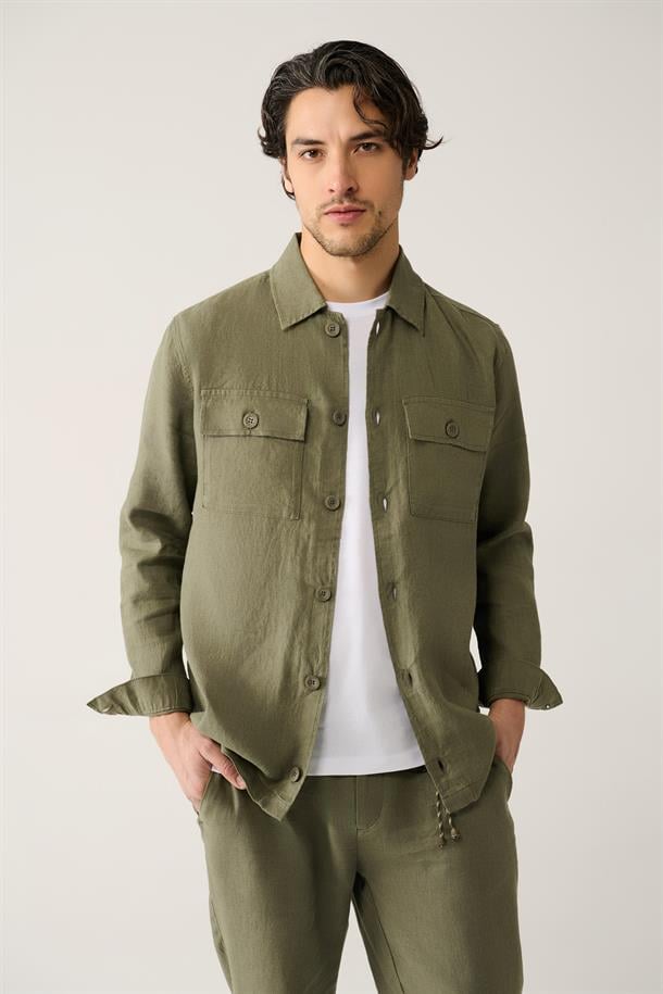 Haki Klasik Yaka %100 Keten Gömlek