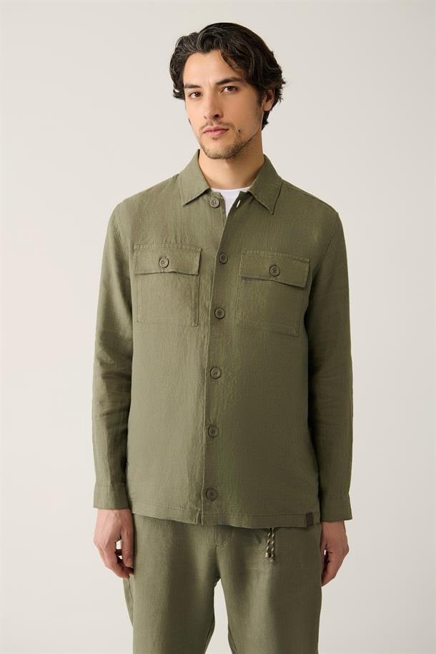 Haki Klasik Yaka %100 Keten Gömlek