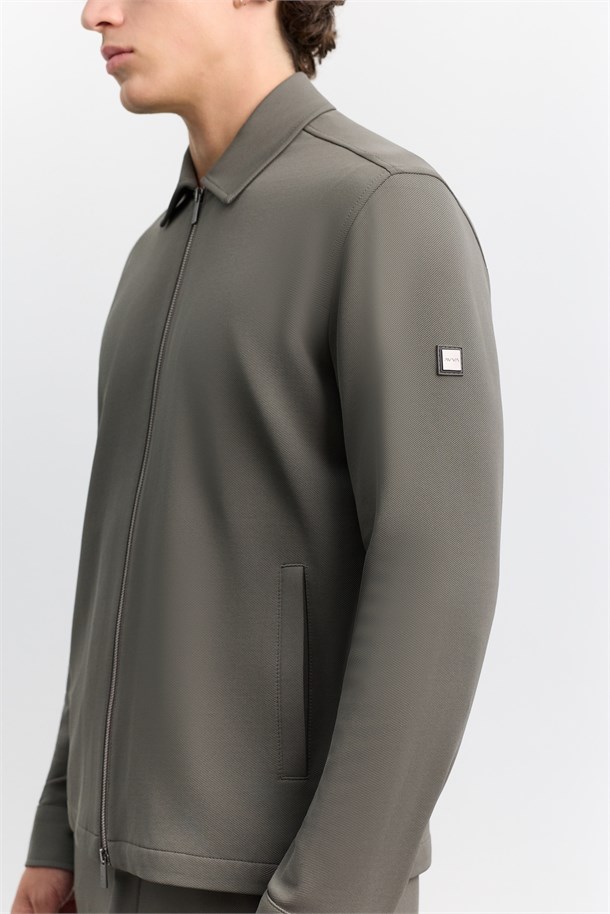 Haki Klasik Yaka Fermuarlı Teknik Kumaş Gömlek Ceket