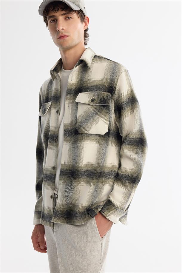 Haki Klasik Yaka Ekoseli Yün Karışımlı Gömlek Ceket