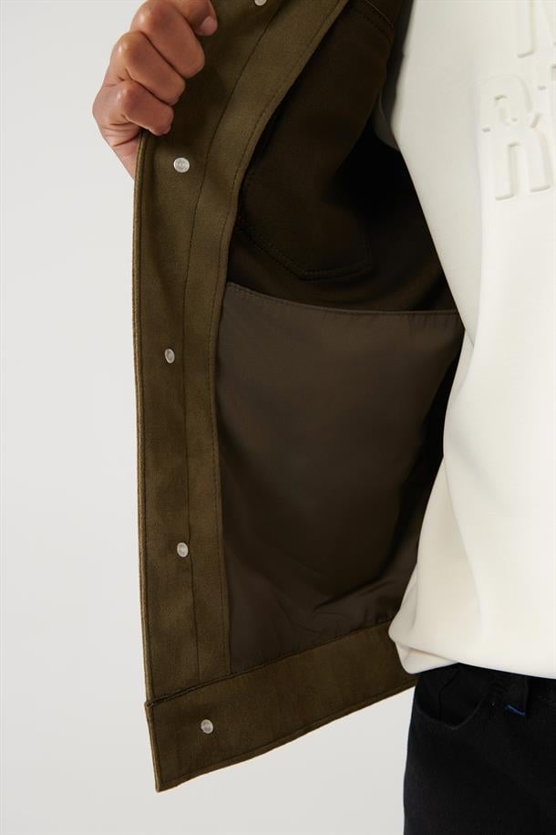 Haki Klasik Yaka Süet Dokulu Mevsimlik Mont