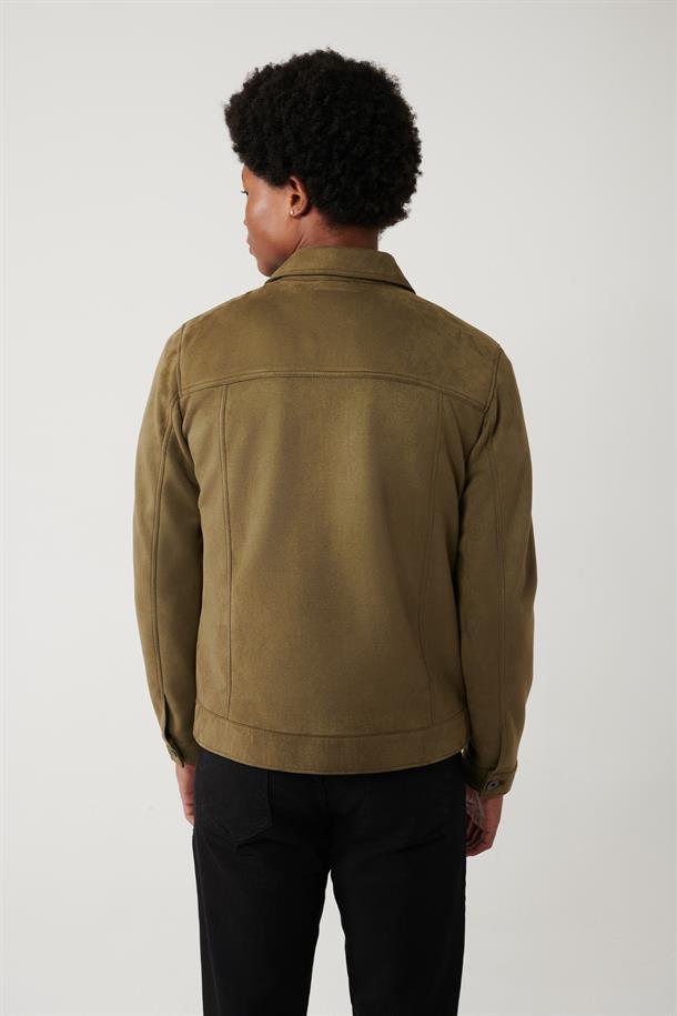 Haki Klasik Yaka Süet Dokulu Mevsimlik Mont