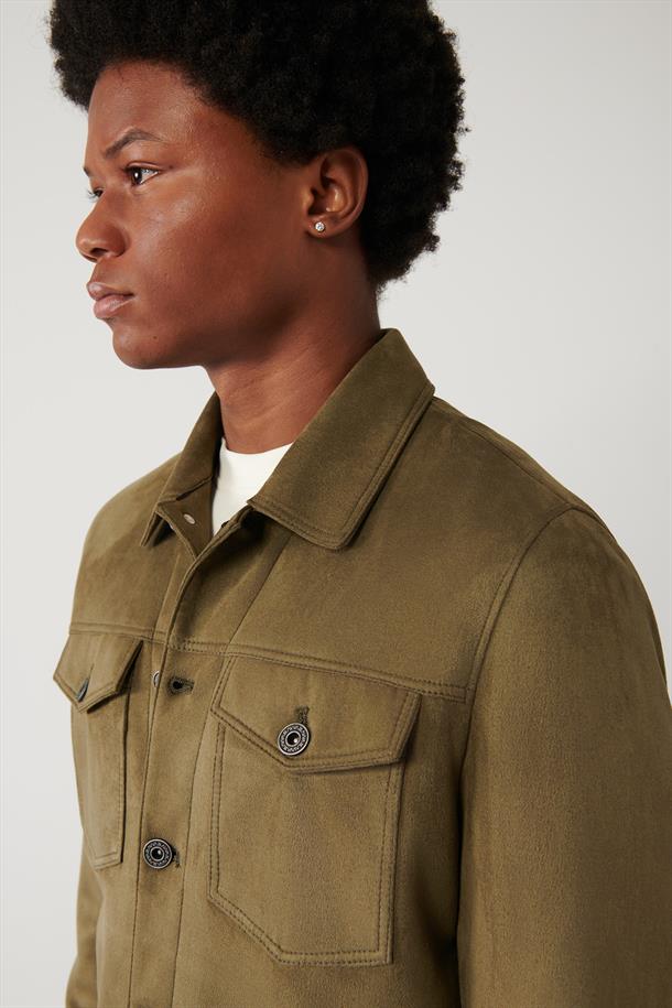 Haki Klasik Yaka Süet Dokulu Mevsimlik Mont