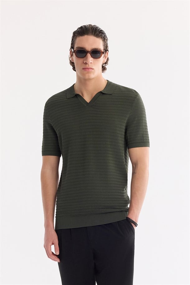 Haki Polo Yaka Düğmesiz Dokulu Triko T-shirt
