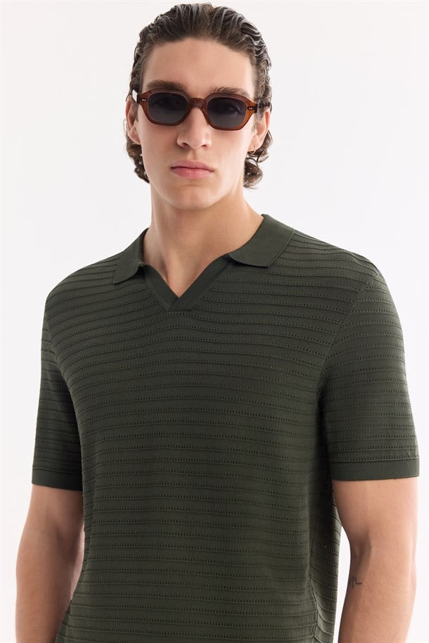Haki Polo Yaka Düğmesiz Dokulu Triko T-shirt