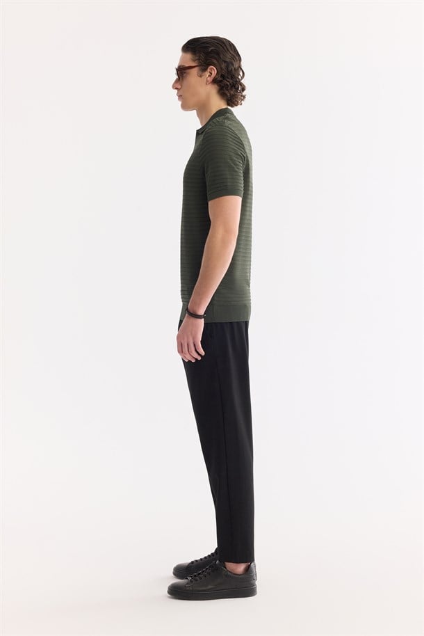 Haki Polo Yaka Düğmesiz Dokulu Triko T-shirt