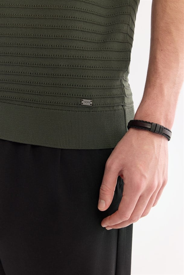 Haki Polo Yaka Düğmesiz Dokulu Triko T-shirt