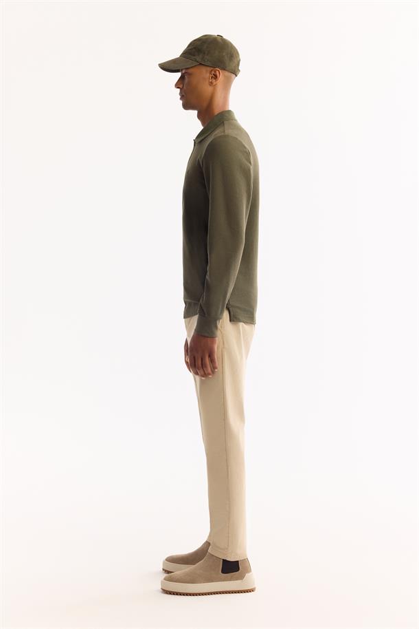 Haki Polo Yaka Kolay Ütülenen Basic Sweatshirt