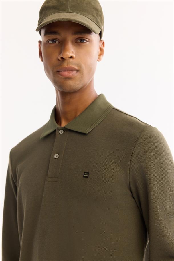 Haki Polo Yaka Kolay Ütülenen Basic Sweatshirt