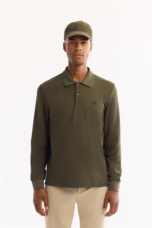 Haki Polo Yaka Kolay Ütülenen Basic Sweatshirt