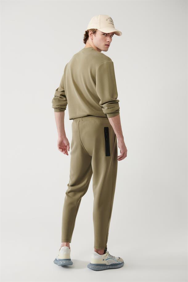 Haki Beli Lastikli Bağcıklı Fermuar Paçalı Soft Touch Eşofman Altı