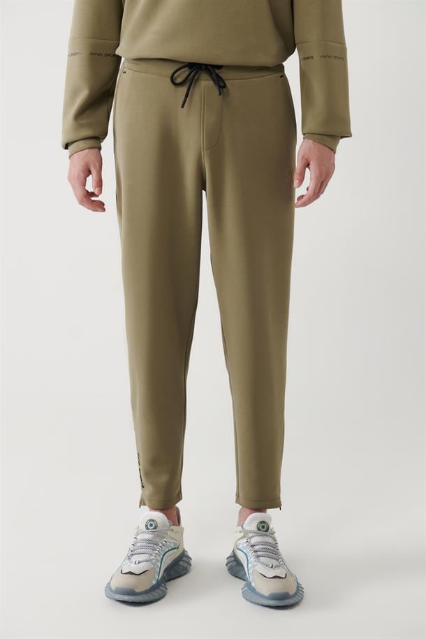 Haki Beli Lastikli Bağcıklı Fermuar Paçalı Soft Touch Eşofman Altı