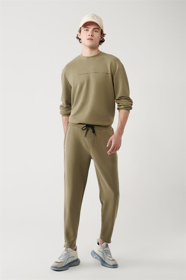 Haki Beli Lastikli Bağcıklı Fermuar Paçalı Soft Touch Eşofman Altı