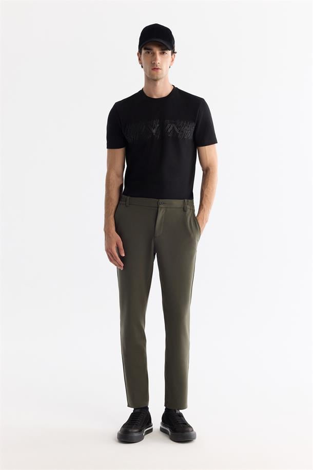 Haki Kırışmaz Hızlı Kuruyan Beli Lastikli Ekstra Esnek Teknik Kumaş Pantolon