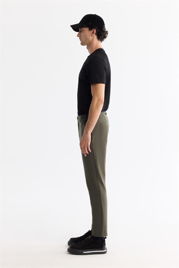 Haki Kırışmaz Hızlı Kuruyan Beli Lastikli Ekstra Esnek Teknik Kumaş Pantolon