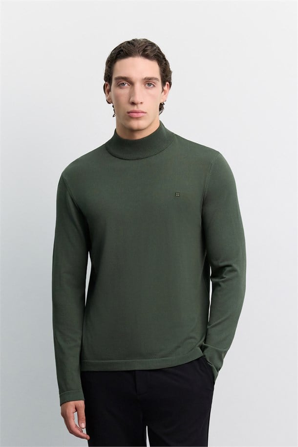 Haki Yarım Balıkçı Yaka Rayon Tüylenmeyen Basic Triko Kazak