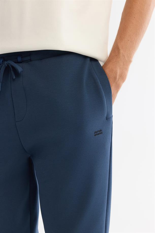 İndigo Beli Lastikli Bağcıklı Elastan Eşofman Altı