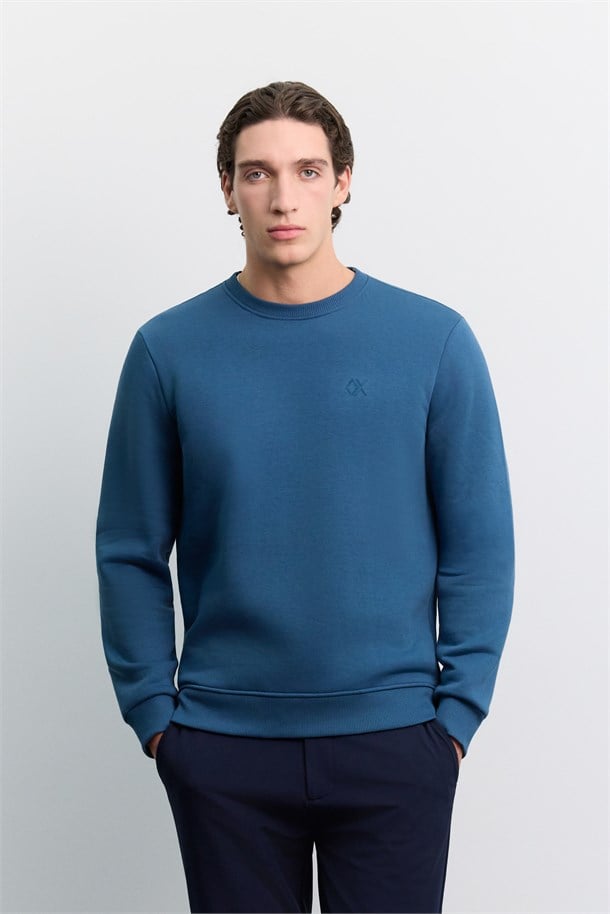 İndigo Bisiklet Yaka 3 İplik Şardonlu -5 Dereceye Dayanıklı Sweatshirt