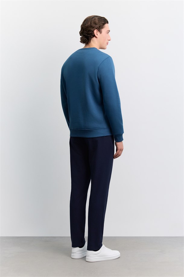 İndigo Bisiklet Yaka 3 İplik Şardonlu -5 Dereceye Dayanıklı Sweatshirt