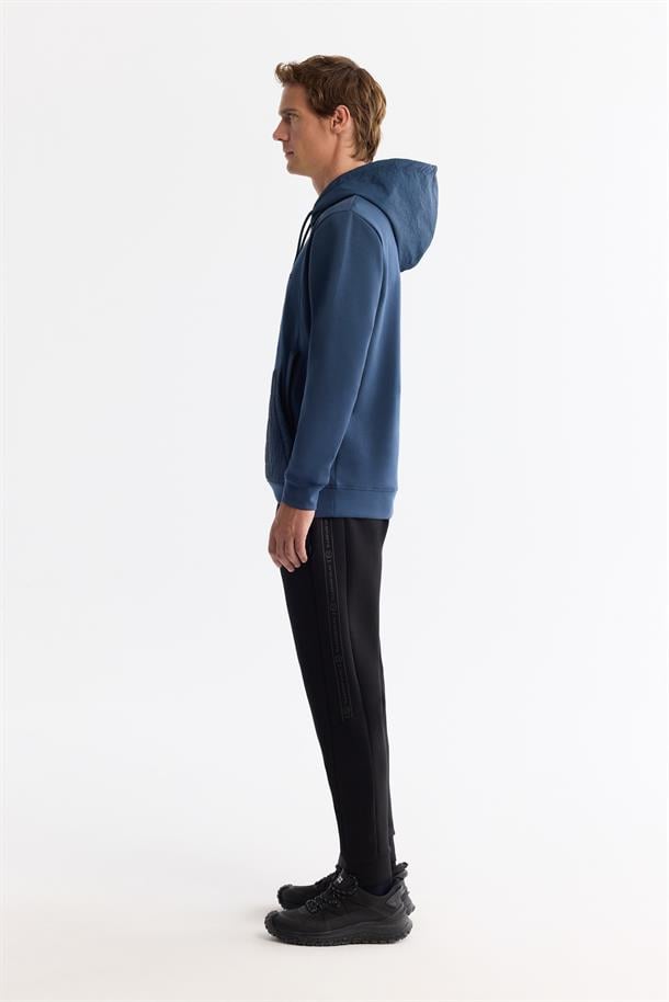 İndigo Kapüşonlu Baskılı Elastan Sweatshirt