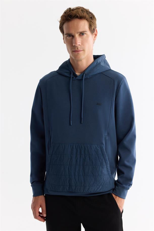 İndigo Kapüşonlu Baskılı Elastan Sweatshirt