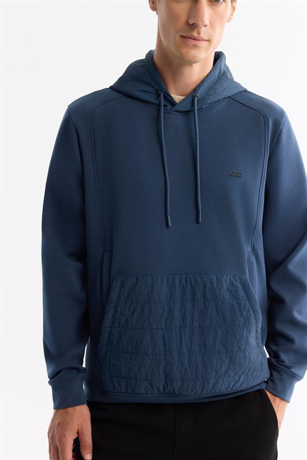 İndigo Kapüşonlu Baskılı Elastan Sweatshirt