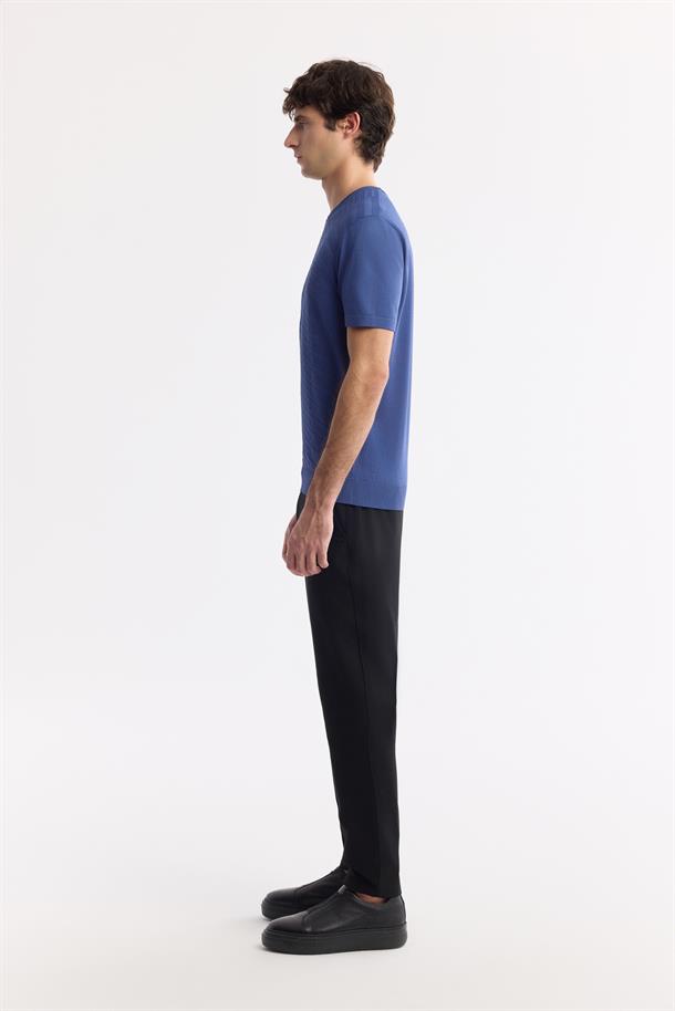 İndigo Bisiklet Yaka Rayon Triko T-Shirt