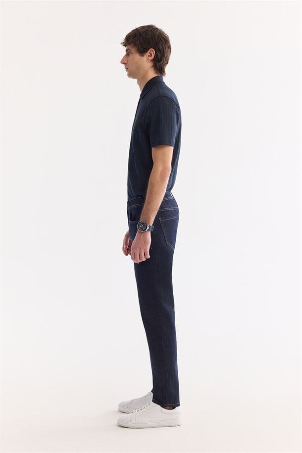 İndigo Klasik Bel Eskitme Yıkamalı Elastan Jean Pantolon