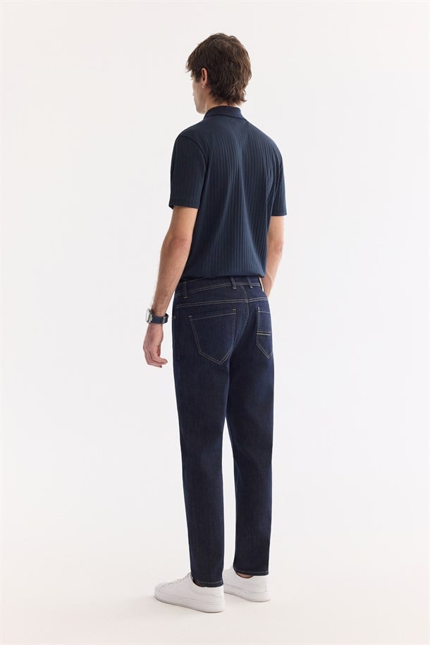 İndigo Klasik Bel Eskitme Yıkamalı Elastan Jean Pantolon