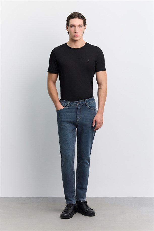 İndigo Eskitme Yıkamalı Pamuklu Elastan Jean Pantolon