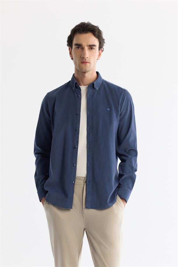 İndigo Düğmeli Yaka %100 Pamuk Soft Touch Kadife Gömlek