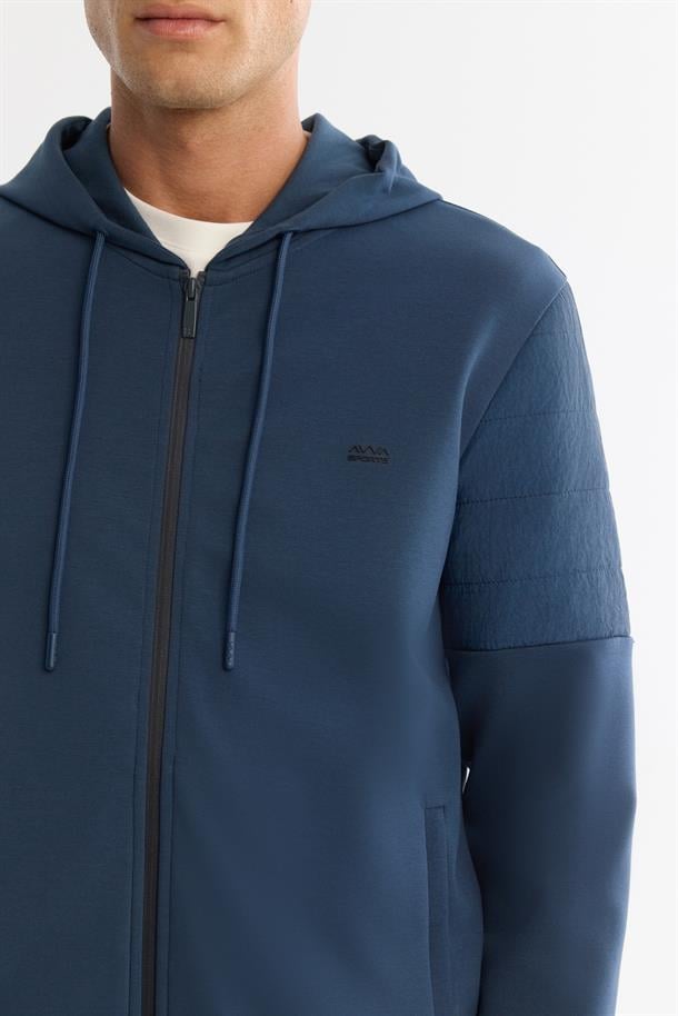İndigo Kapüşonlu Pamuklu Fermuarlı Elastan Sweatshirt