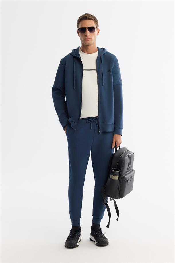 İndigo Kapüşonlu Pamuklu Fermuarlı Elastan Sweatshirt