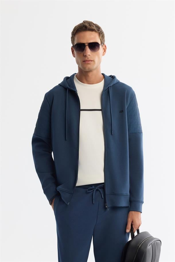 İndigo Kapüşonlu Pamuklu Fermuarlı Elastan Sweatshirt