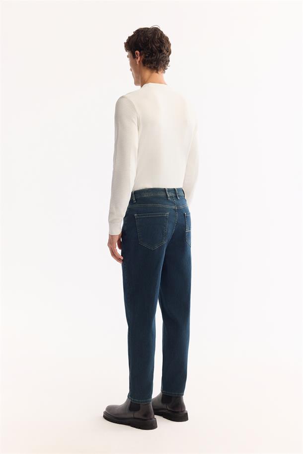 İndigo Klasik Bel Pamuklu Eskitme Yıkmalı Jean Pantolon