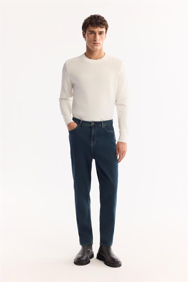 İndigo Klasik Bel Pamuklu Eskitme Yıkmalı Jean Pantolon