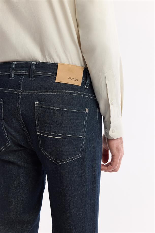 İndigo Klasik Bel Pamuklu Eskitme Yıkmalı Jean Pantolon