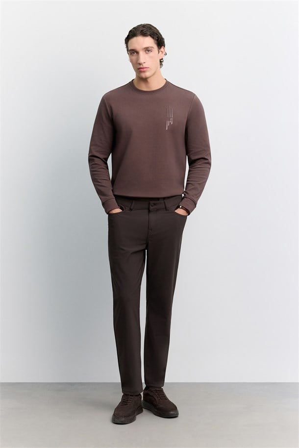 Kahve 5 Cep Teknik Comfort Slim Fit Pantolon