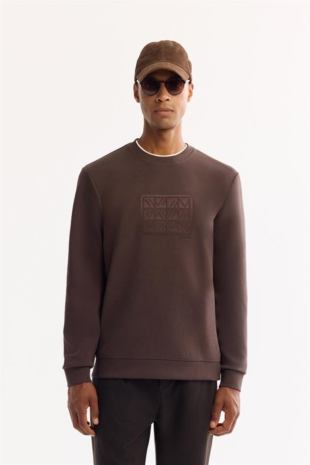 Kahve Bisiklet Yaka Kolay Ütülenen Bi-Stretch Baskılı Sweatshirt