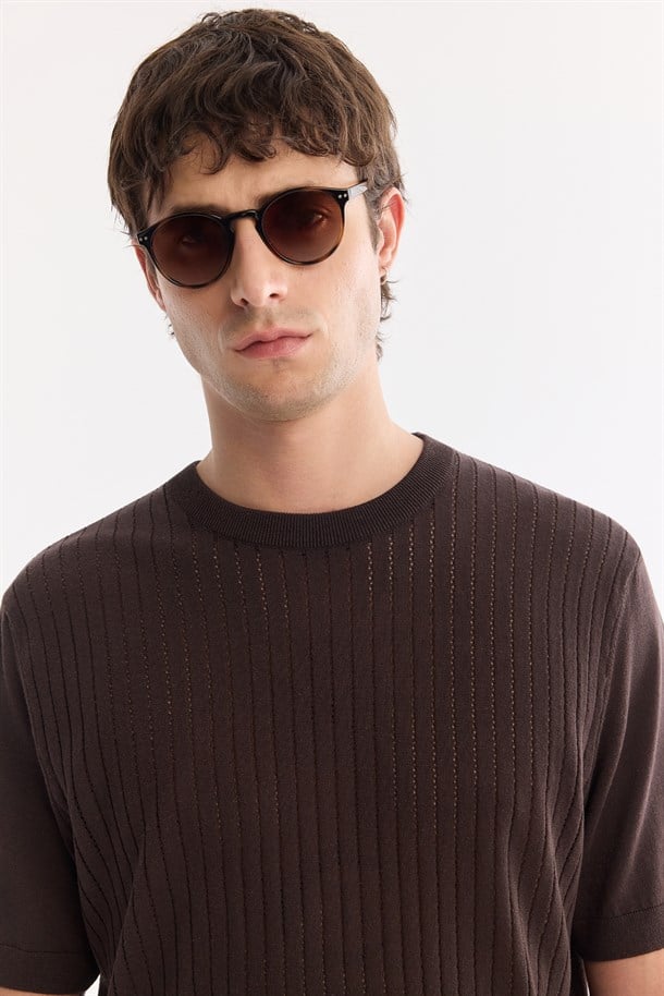 Kahverengi Bisiklet Yaka Keten Karışımlı Triko T-Shirt