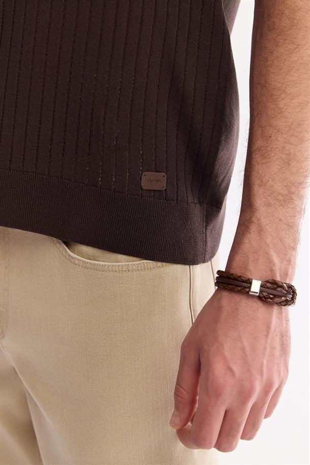 Kahverengi Bisiklet Yaka Keten Karışımlı Triko T-Shirt