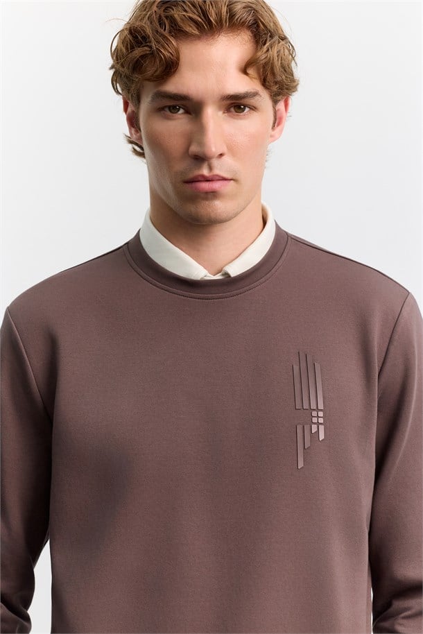 Kahve Bisiklet Yaka Kolay Ütülenen Baskılı Pamuklu Sweatshirt