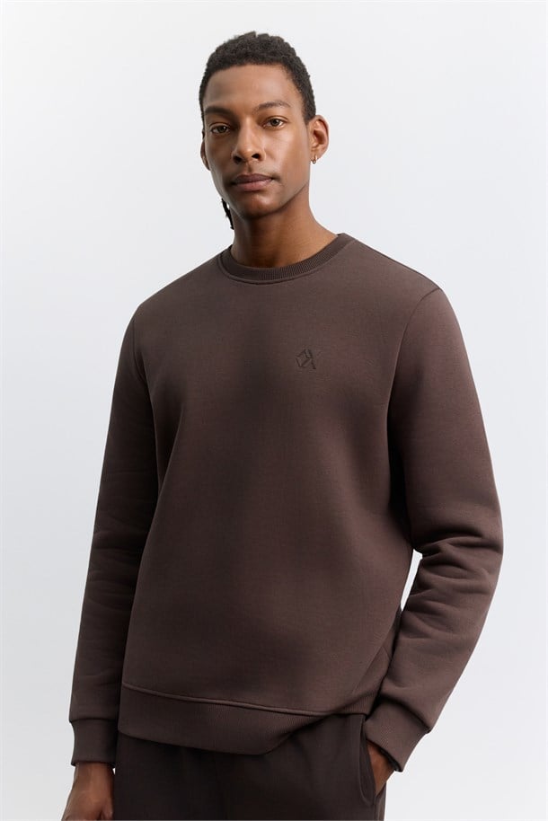 Kahve Bisiklet Yaka 3 İplik Şardonlu -4 Dereceye Dayanıklı Sweatshirt