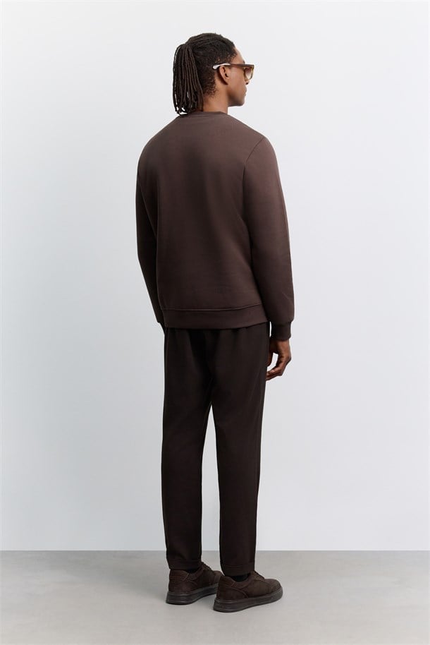 Kahve Bisiklet Yaka 3 İplik Şardonlu -4 Dereceye Dayanıklı Sweatshirt