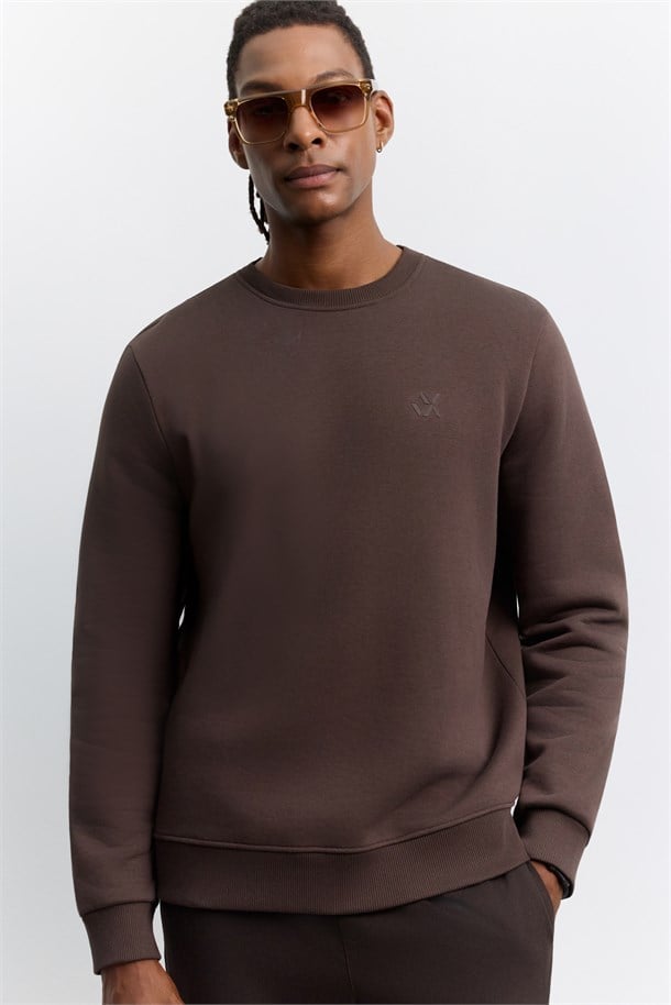 Kahve Bisiklet Yaka 3 İplik Şardonlu -4 Dereceye Dayanıklı Sweatshirt